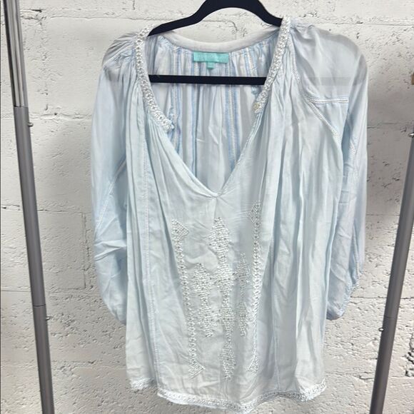 Melissa Odabash Blue Relaxed 3/4 Sleeve Blouse Beaded Top - Worn Once - Picture 1 of 5